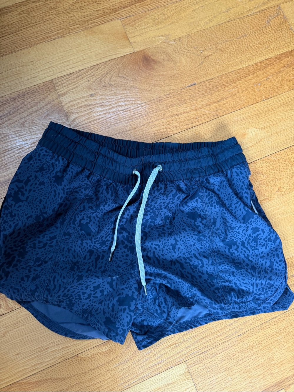 Vuori Navy Blue Printed Athletic Shorts with Light Blue Drawstring